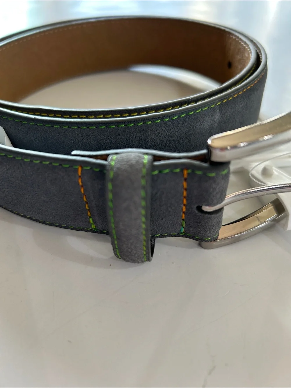 Robert Graham Gray Leather Suede Belt with Green & Orange Stitching sz 34